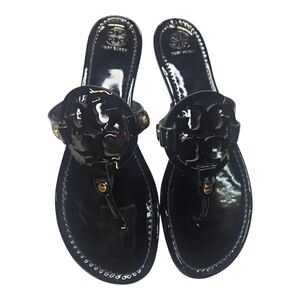Tory Burch Black Patent Leather Sandals with Iconic Medallion